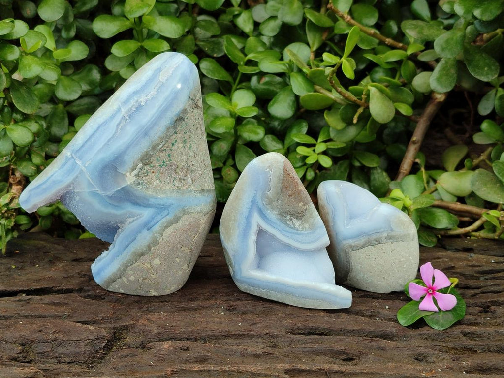 Polished Blue Lace Agate Standing Free Forms x 3 From Nsanje, Malawi