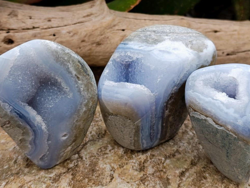 Polished Blue Lace Agate Standing Free Forms x 3 From Nsanje, Malawi