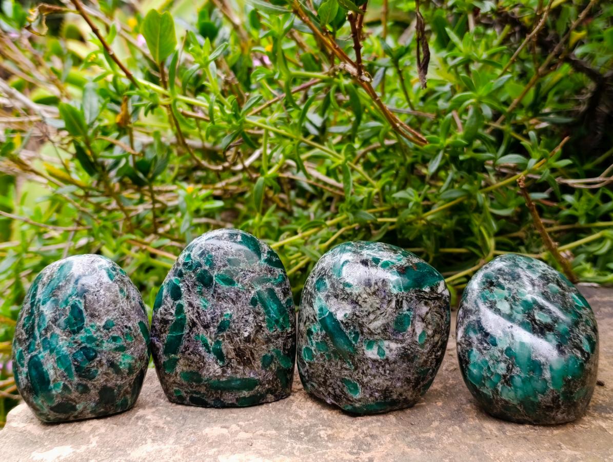 Polished Emerald Mica 'Mutokolite' Standing Free Forms x 4 From Mutoko, Zimbabwe