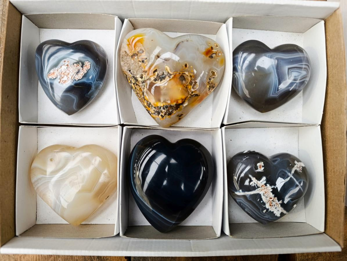 Polished Banded Agate Hearts x 6 From Madagascar