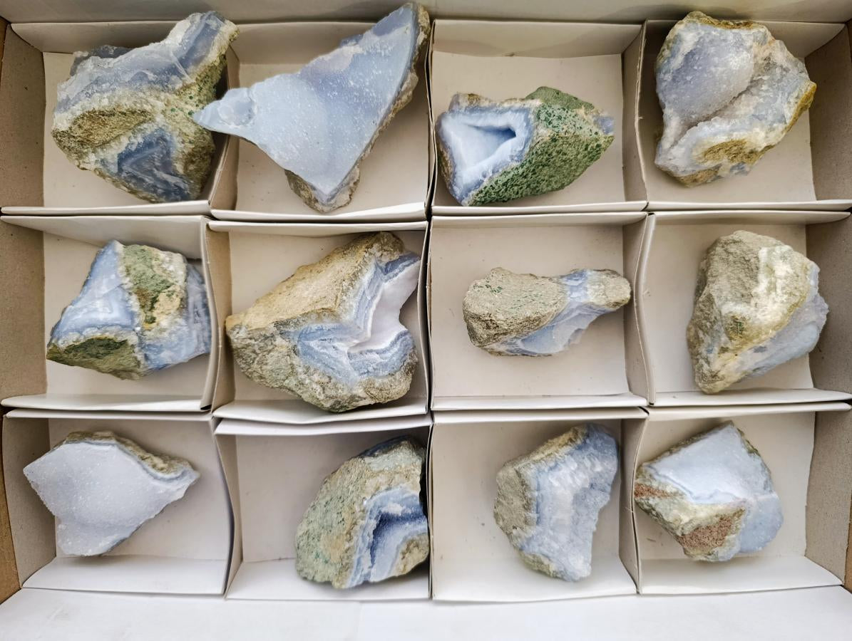 Natural Blue Lace Agate Geode Specimens x 12 From Nsanje, Malawi