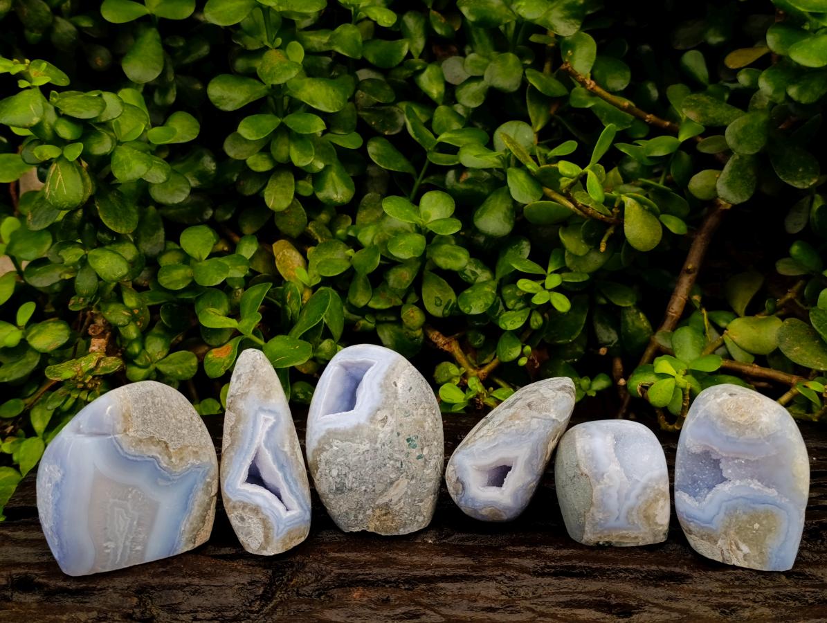 Polished Blue Lace Agate Standing Free Forms x 6 From Nsanje, Malawi