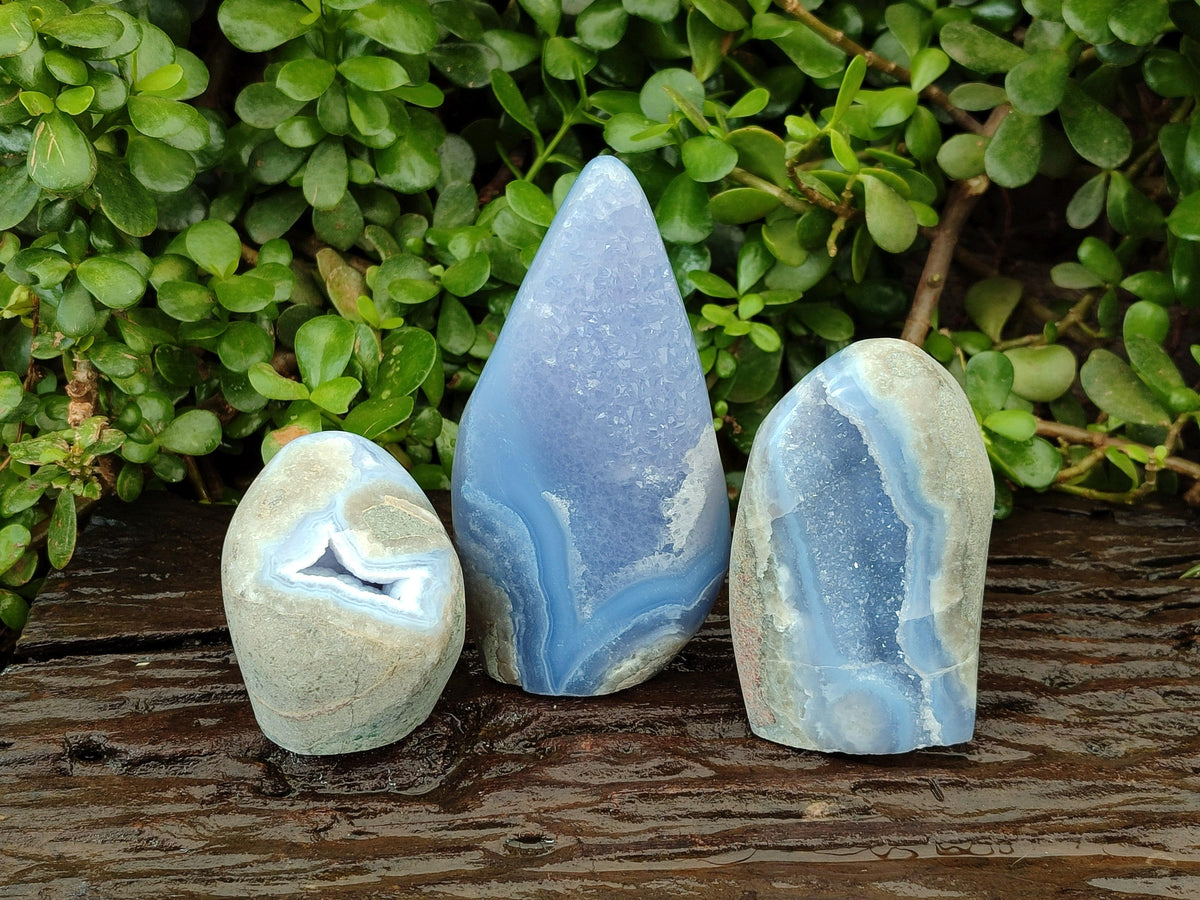 Polished Blue Lace Agate Standing Free Forms x 3 From Nsanje, Malawi