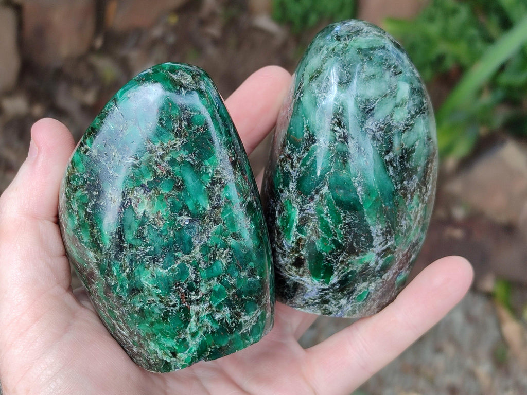 Polished Emerald Mica 'Mutokolite' Standing Free Forms x 3 From Mutoko, Zimbabwe