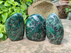 Polished Emerald Mica 'Mutokolite' Standing Free Forms x 3 From Mutoko, Zimbabwe