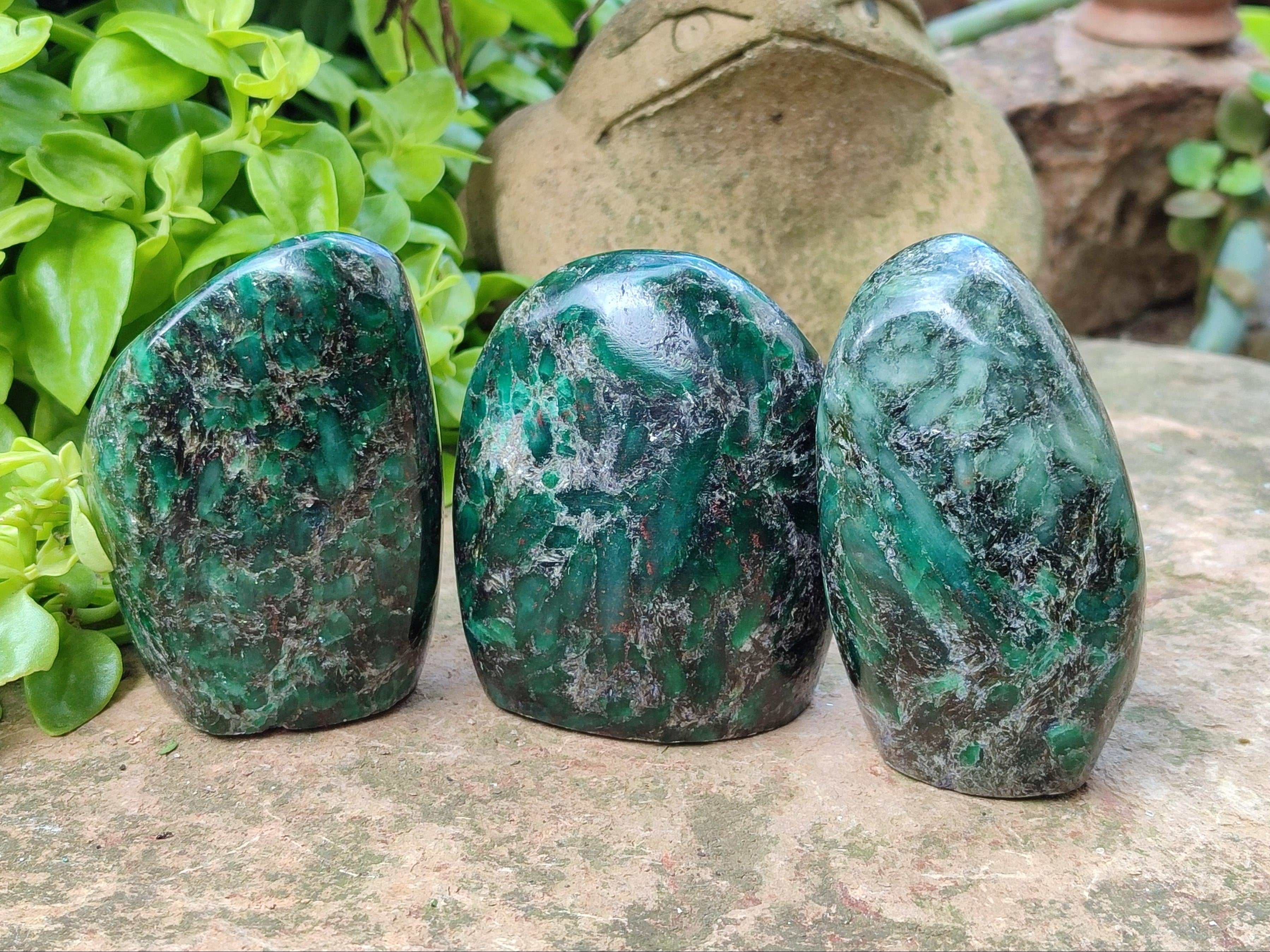 Polished Emerald Mica 'Mutokolite' Standing Free Forms x 3 From Mutoko, Zimbabwe