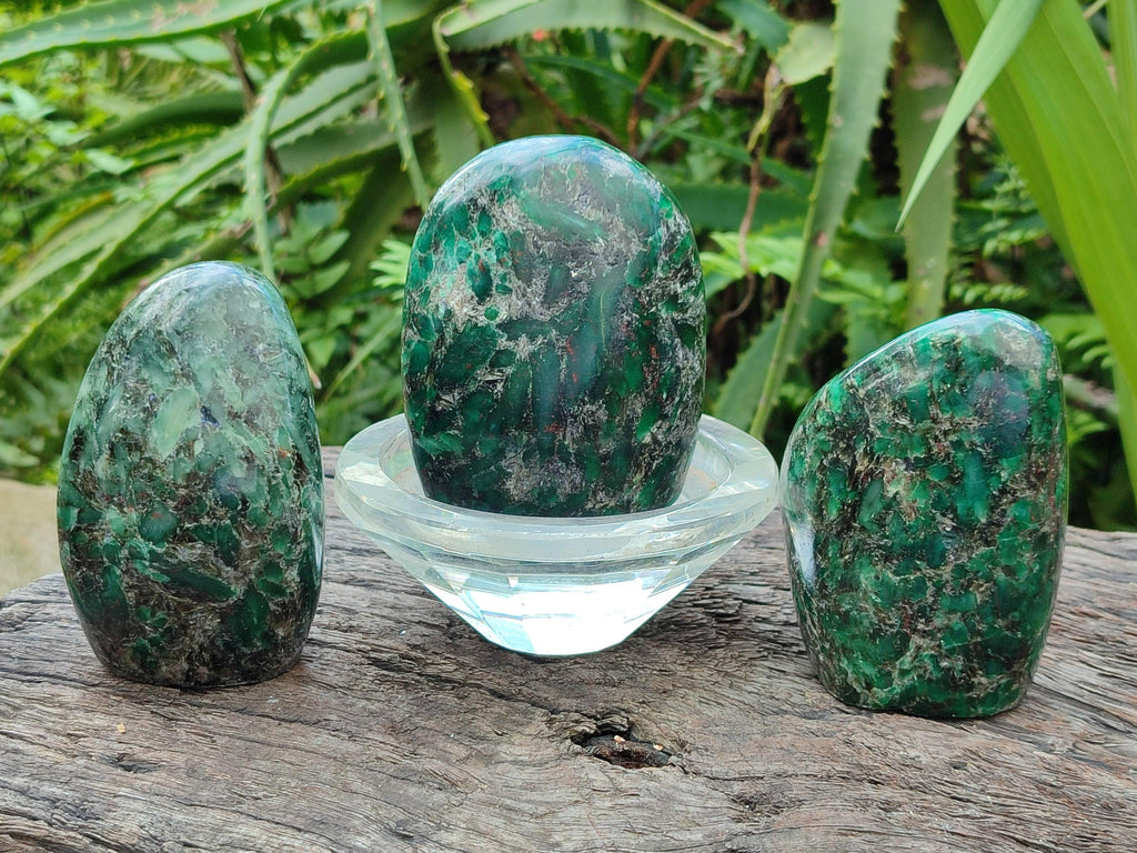 Polished Emerald Mica 'Mutokolite' Standing Free Forms x 3 From Mutoko, Zimbabwe