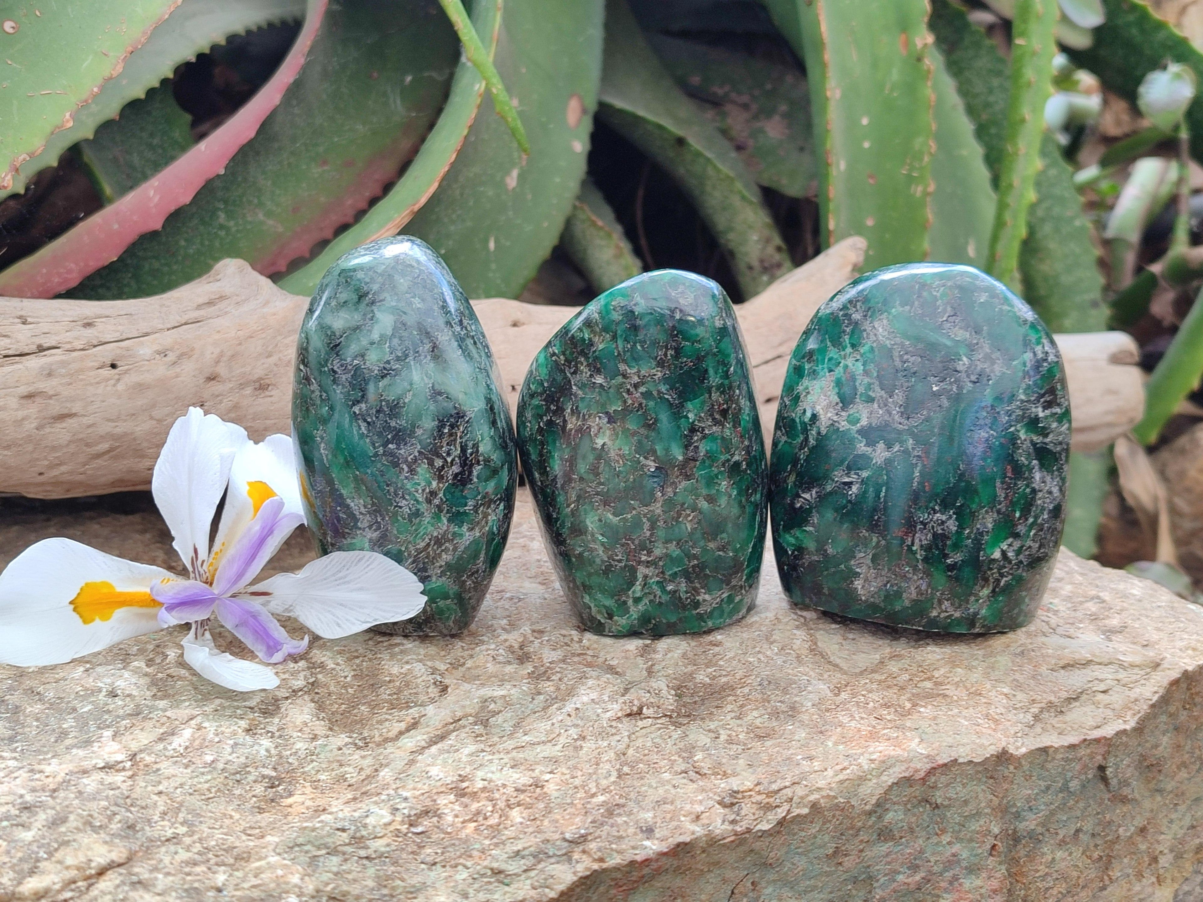 Polished Emerald Mica 'Mutokolite' Standing Free Forms x 3 From Mutoko, Zimbabwe