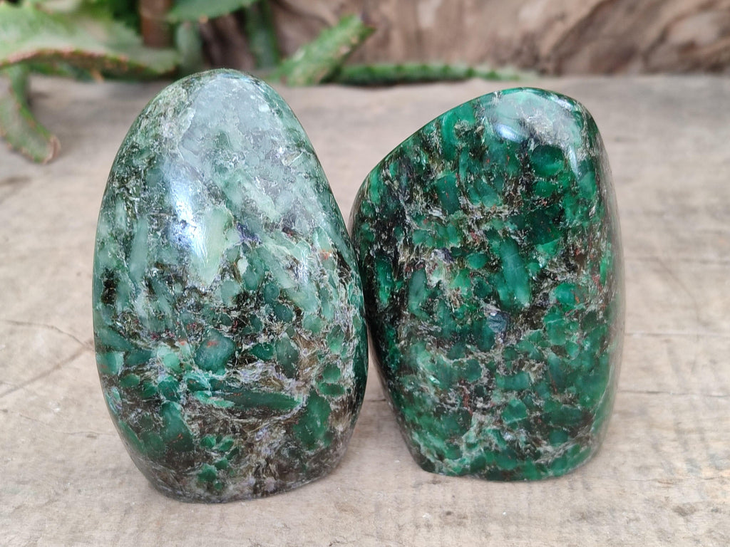Polished Emerald Mica 'Mutokolite' Standing Free Forms x 3 From Mutoko, Zimbabwe