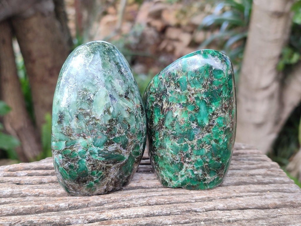 Polished Emerald Mica 'Mutokolite' Standing Free Forms x 3 From Mutoko, Zimbabwe