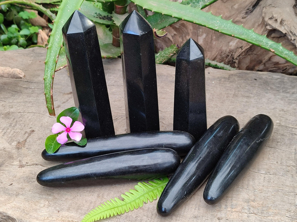 Polished Black Basalt Points And Massage Wands x 7 From Madagascar