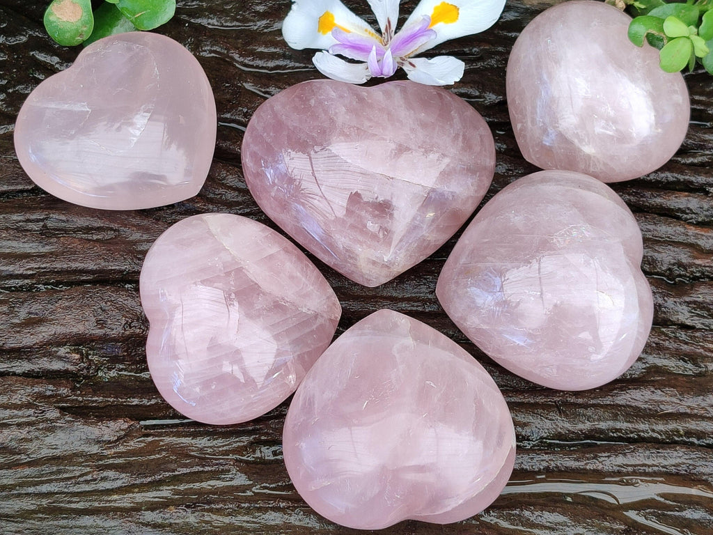 Polished Rose Quartz Hearts x 6 From Madagascar