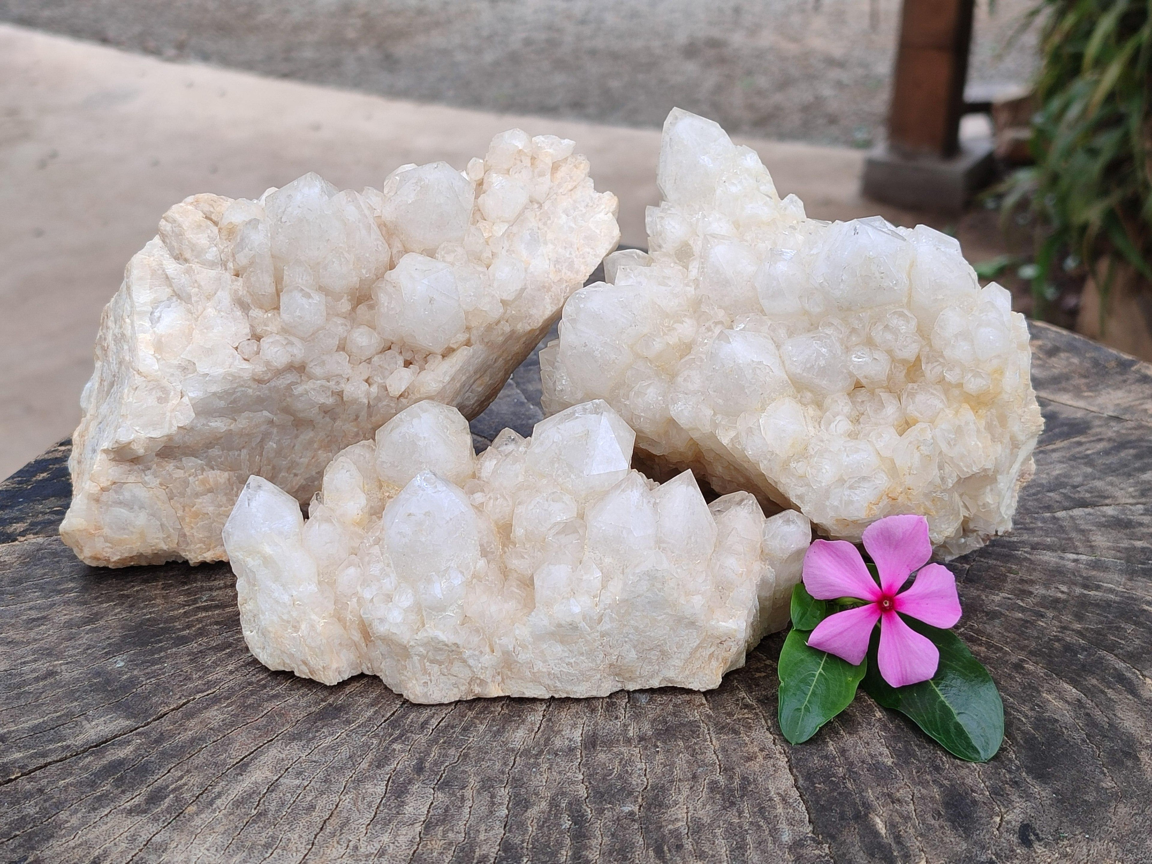 Natural White Phantom Cascading Candle Quartz Clusters x 3 From Antsirabe, Madagascar