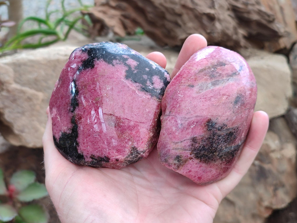 Polished On One Side Rhodonite Nodules x 4 From Ambindavato, Madagascar