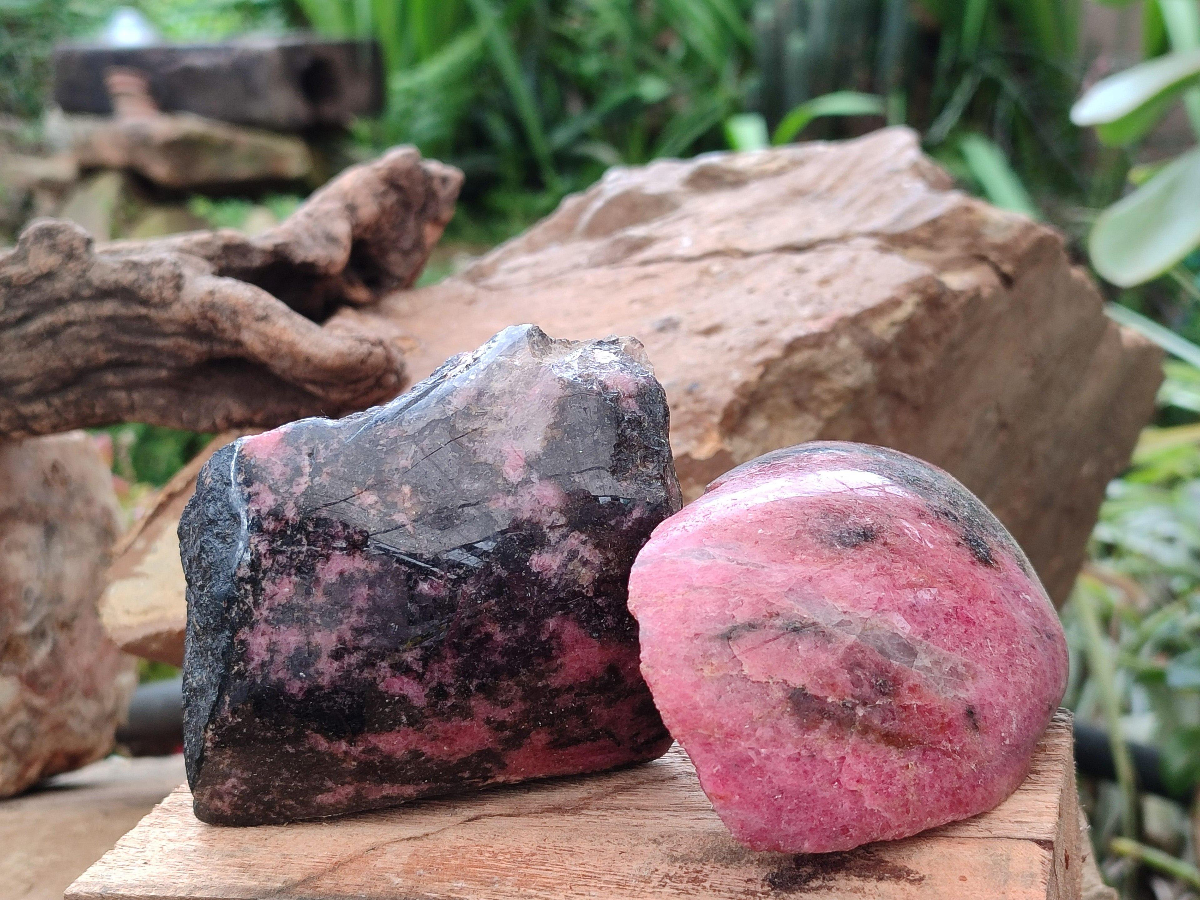 Polished On One Side Rhodonite Nodules x 4 From Ambindavato, Madagascar