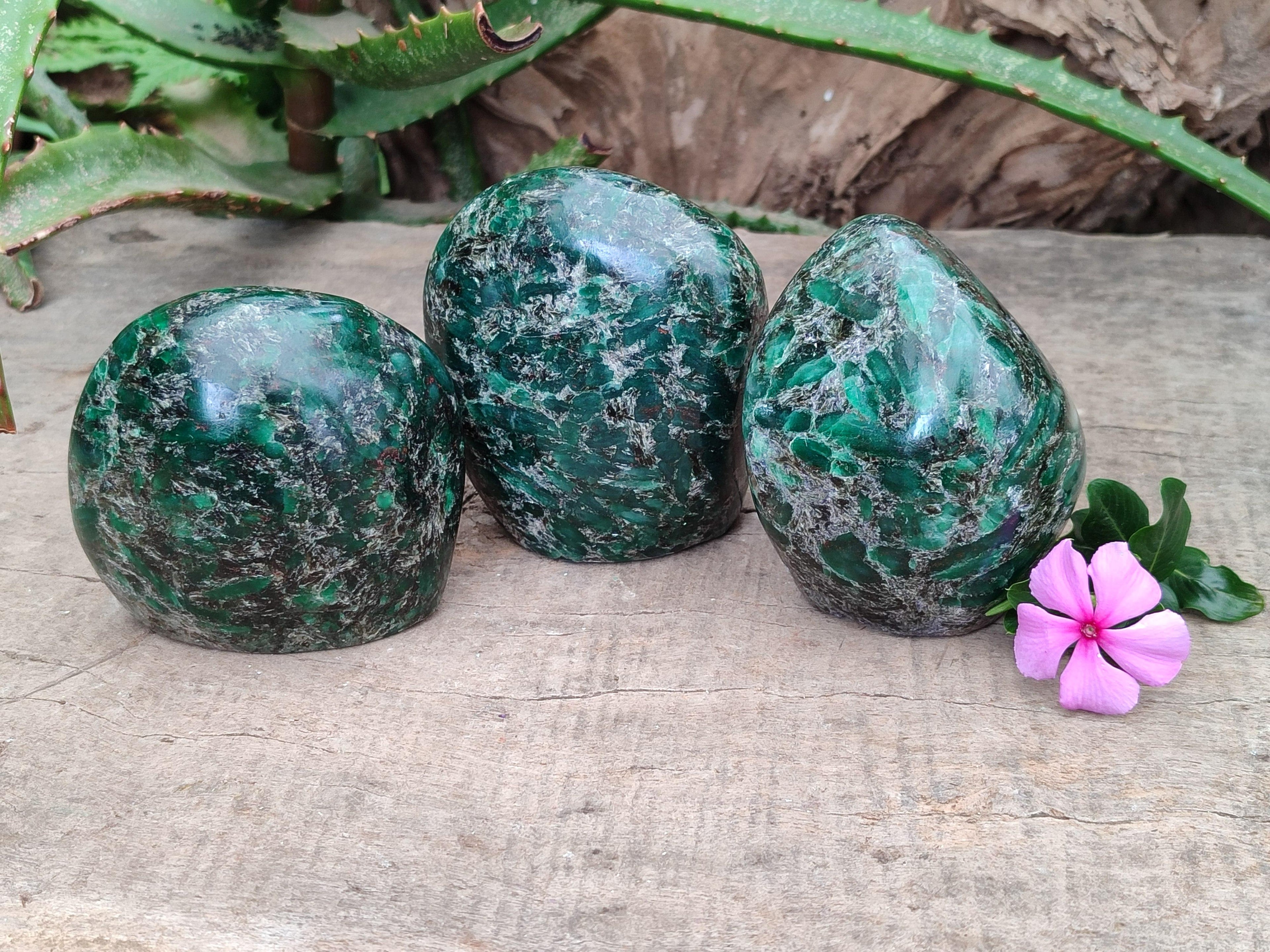Polished Emerald Mica 'Mutokolite' Standing Free Forms x 3 From Mutoko, Zimbabwe