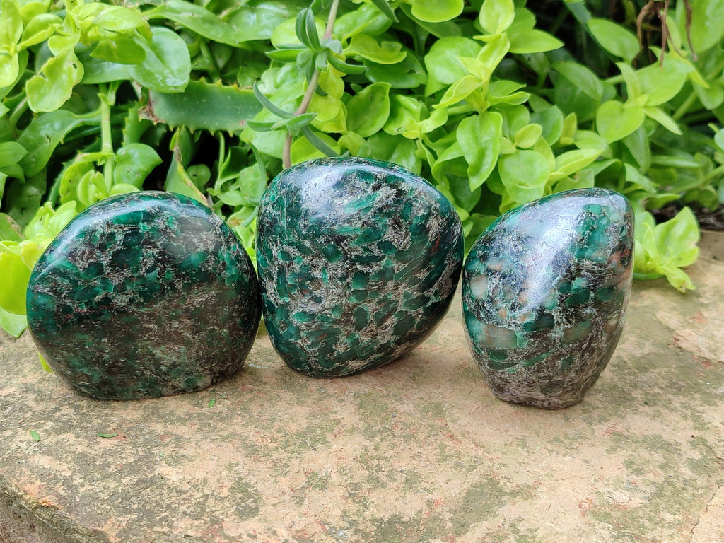 Polished Emerald Mica 'Mutokolite' Standing Free Forms x 3 From Mutoko, Zimbabwe