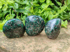 Polished Emerald Mica 'Mutokolite' Standing Free Forms x 3 From Mutoko, Zimbabwe