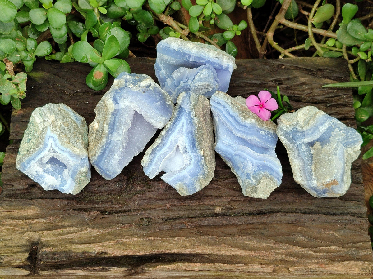 Natural Blue Lace Agate Geode Specimens x 6 From Nsanje, Malawi