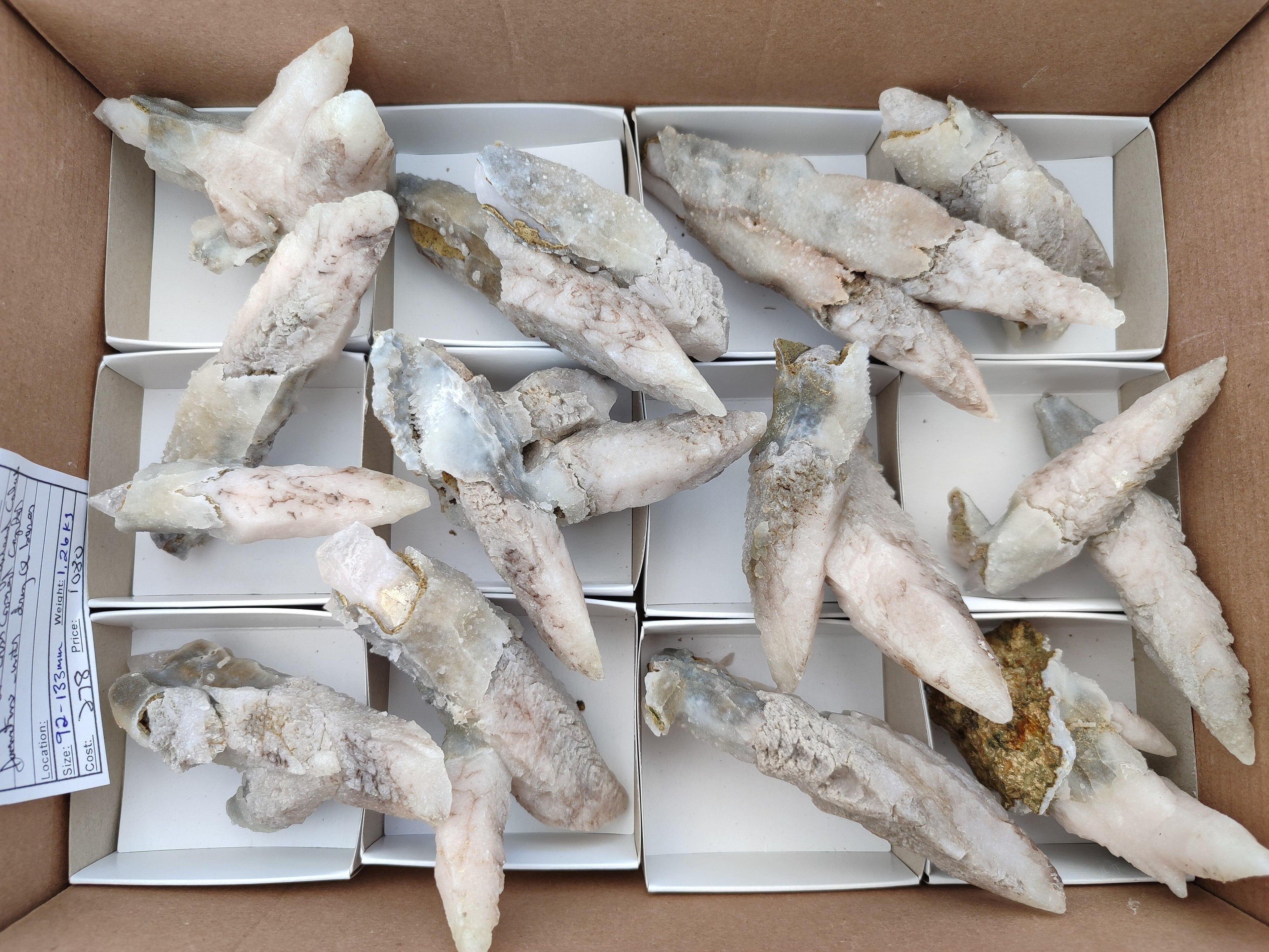 Natural Drusy Quartz Coated Calcite Spearhead Specimens x 12 From Alberts Mountain, Lesotho