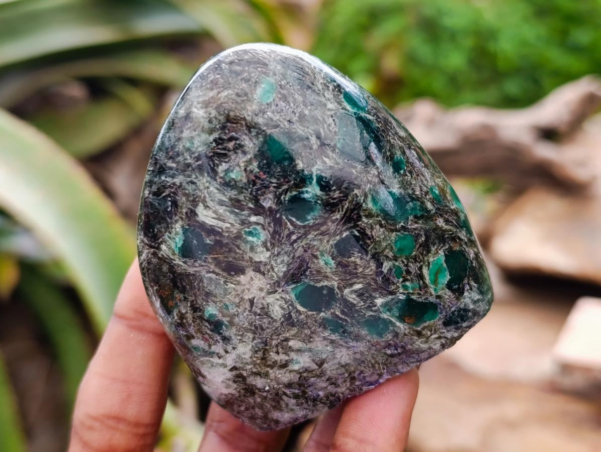 Polished Emerald Mica 'Mutokolite' Standing Free Forms x 3 From Mutoko, Zimbabwe