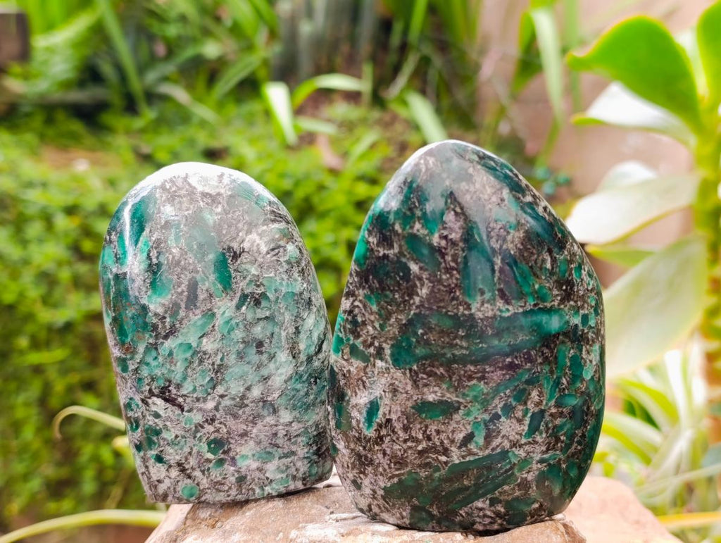Polished Emerald Mica 'Mutokolite' Standing Free Forms x 3 From Mutoko, Zimbabwe