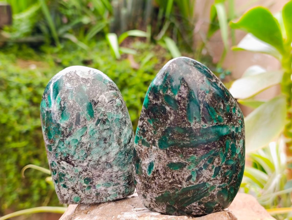 Polished Emerald Mica 'Mutokolite' Standing Free Forms x 3 From Mutoko, Zimbabwe