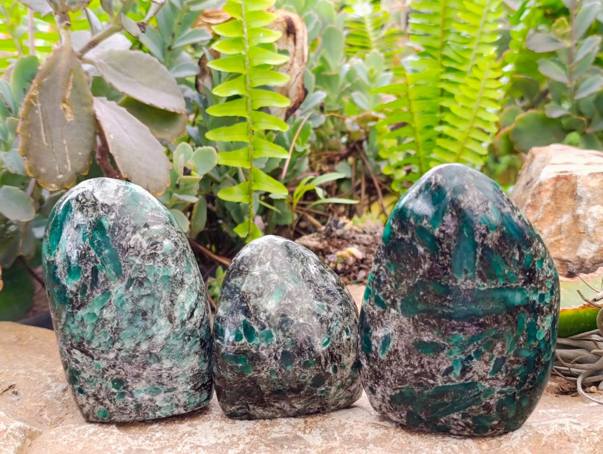 Polished Emerald Mica 'Mutokolite' Standing Free Forms x 3 From Mutoko, Zimbabwe