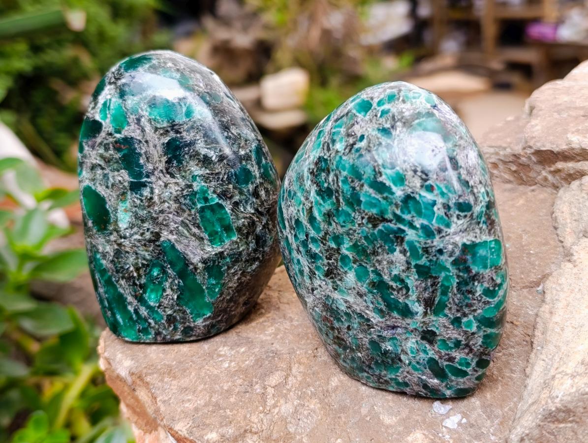 Polished Emerald Mica 'Mutokolite' Standing Free Forms x 3 From Mutoko, Zimbabwe