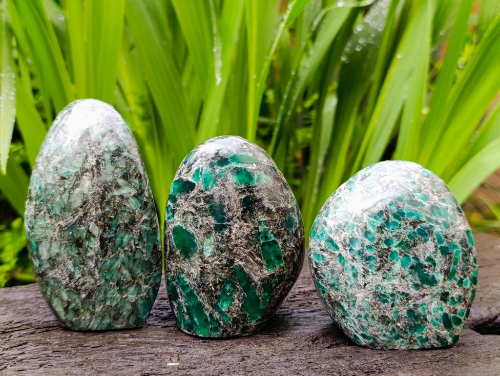 Polished Emerald Mica 'Mutokolite' Standing Free Forms x 3 From Mutoko, Zimbabwe
