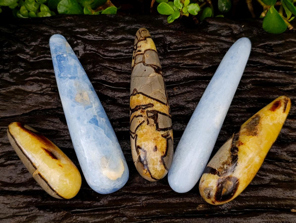 Polished Blue Calcite And Septerye Massage Wands x 5 From Madagascar