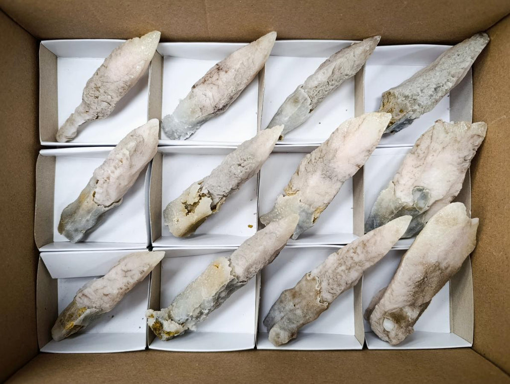 Natural Drusy Quartz Coated Calcite Spearhead Specimens x 12 From Alberts Mountain, Lesotho