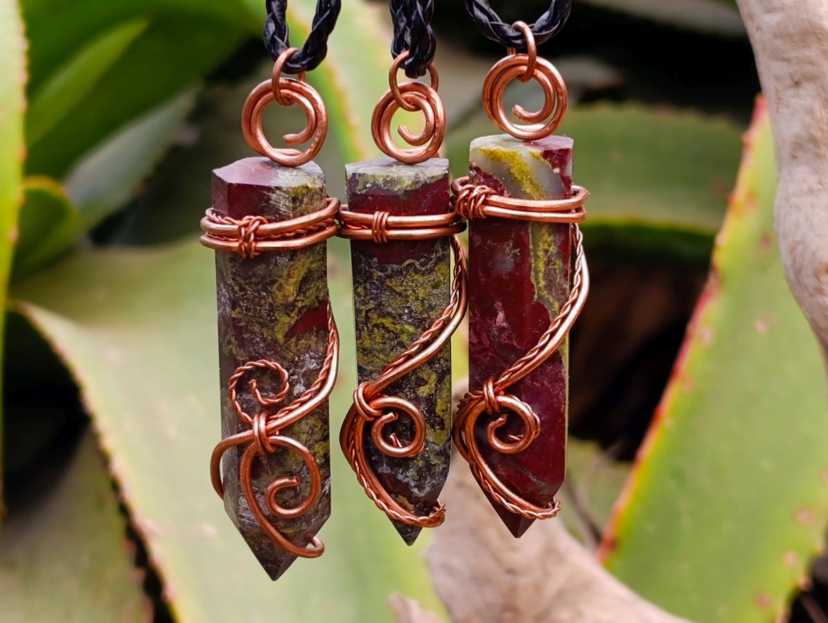 Hand Made Bastite Copper Wire Wrapped Stone Pendants - Sold Per Piece - From South Africa