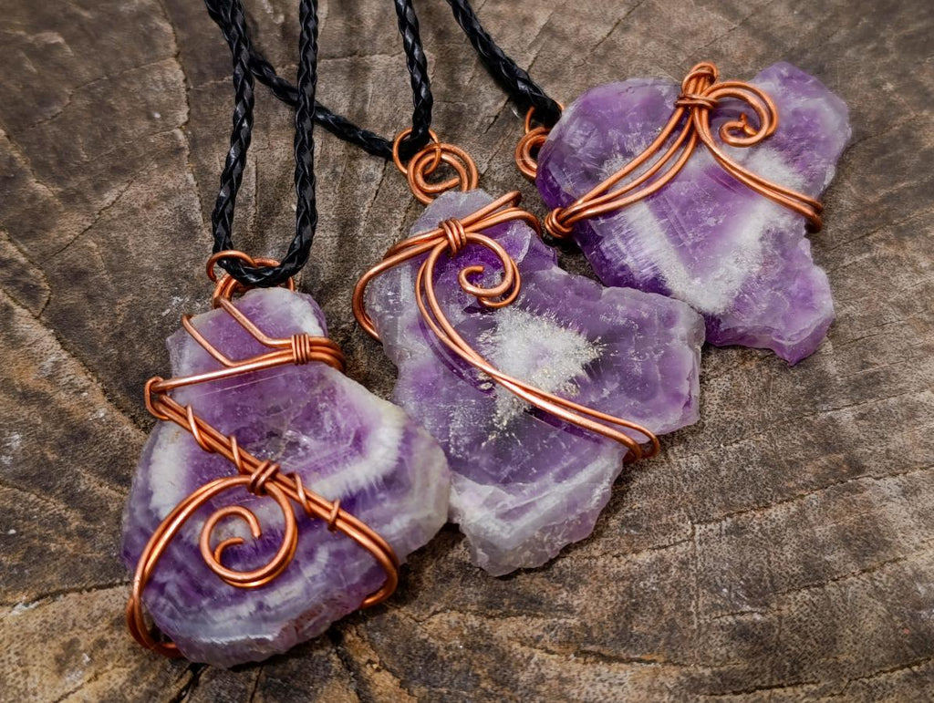 Hand Made Chevron Amethyst Slices Wrapped in Copper Wire Pendants - Sold Per Piece -  From Zambia