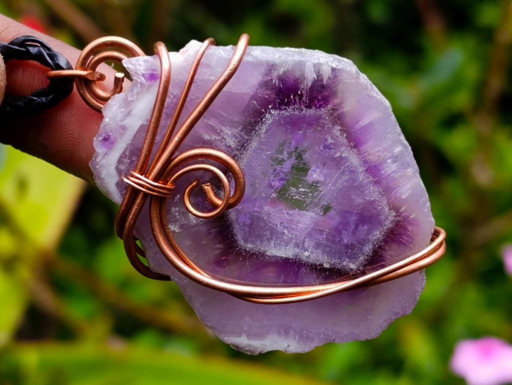 Hand Made Chevron Amethyst Slices Wrapped in Copper Wire Pendants - Sold Per Piece -  From Zambia