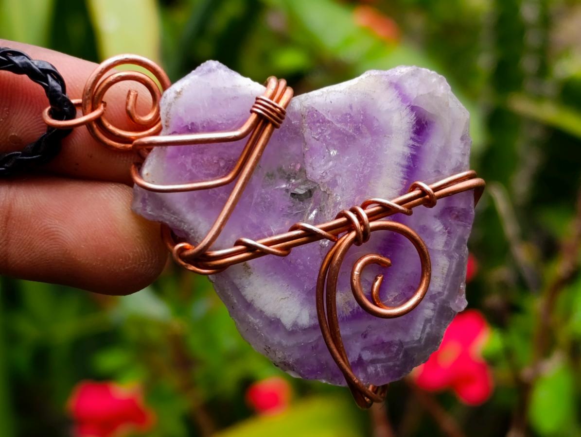 Hand Made Chevron Amethyst Slices Wrapped in Copper Wire Pendants - Sold Per Piece -  From Zambia