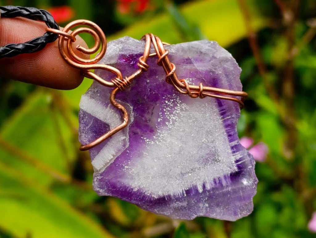 Hand Made Chevron Amethyst Slices Wrapped in Copper Wire Pendants - Sold Per Piece -  From Zambia