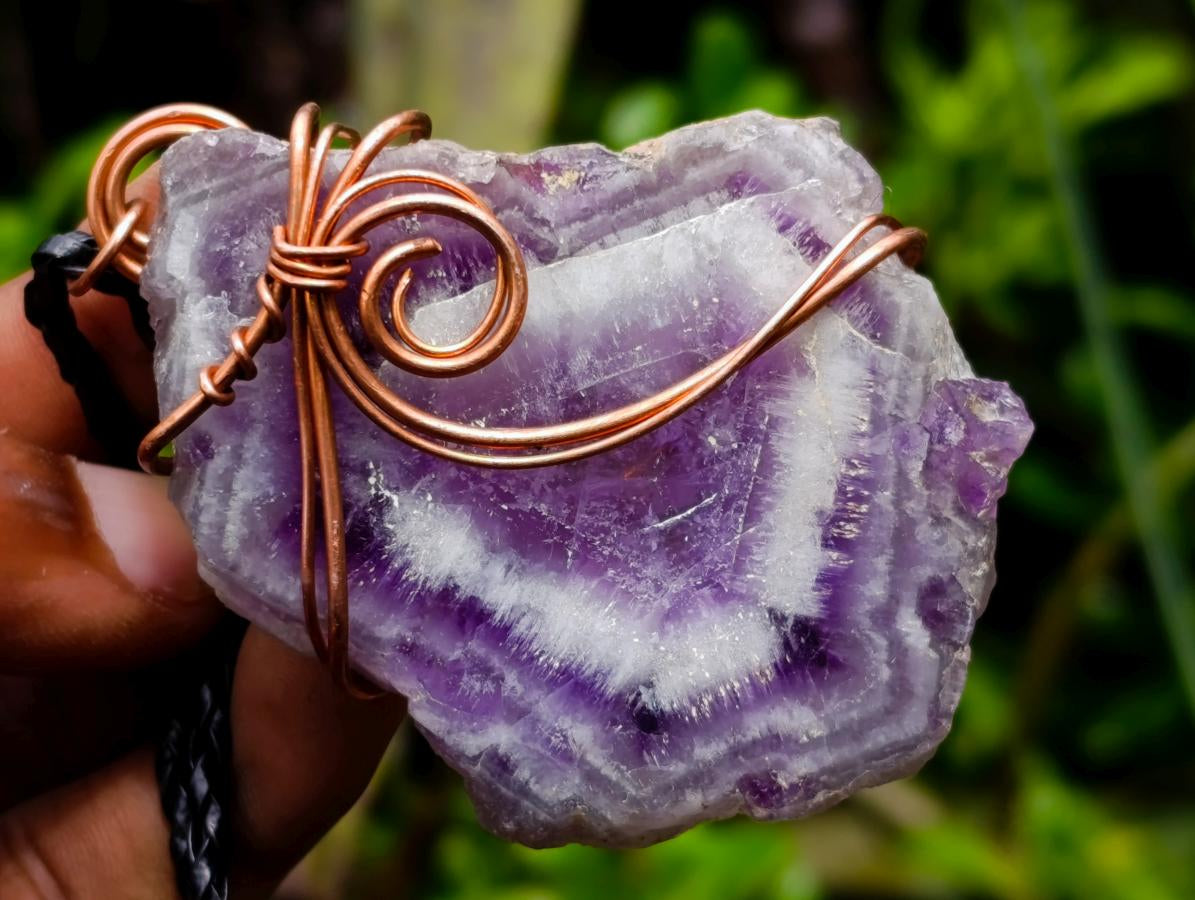 Hand Made Chevron Amethyst Slices Wrapped in Copper Wire Pendants - Sold Per Piece -  From Zambia