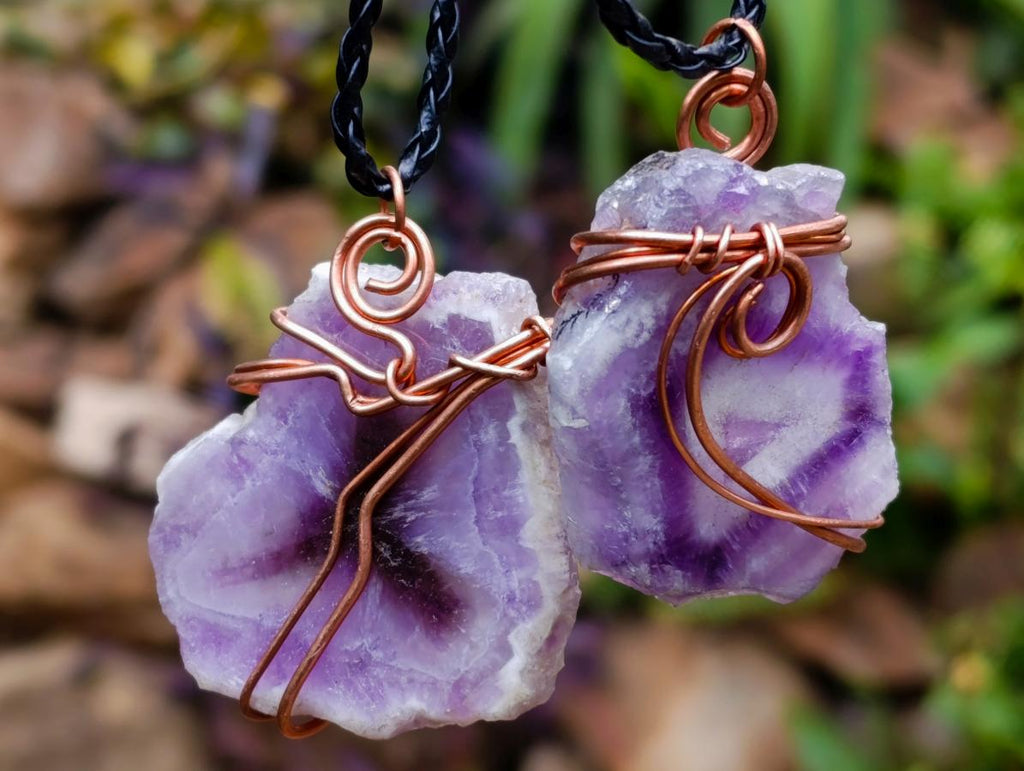 Hand Made Chevron Amethyst Slices Wrapped in Copper Wire Pendants - Sold Per Piece -  From Zambia