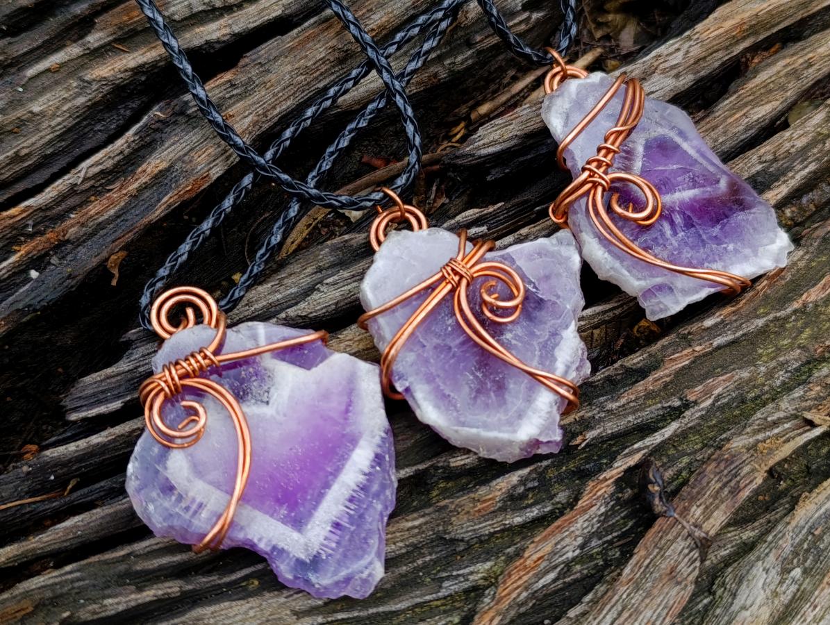 Hand Made Chevron Amethyst Slices Wrapped in Copper Wire Pendants - Sold Per Piece -  From Zambia