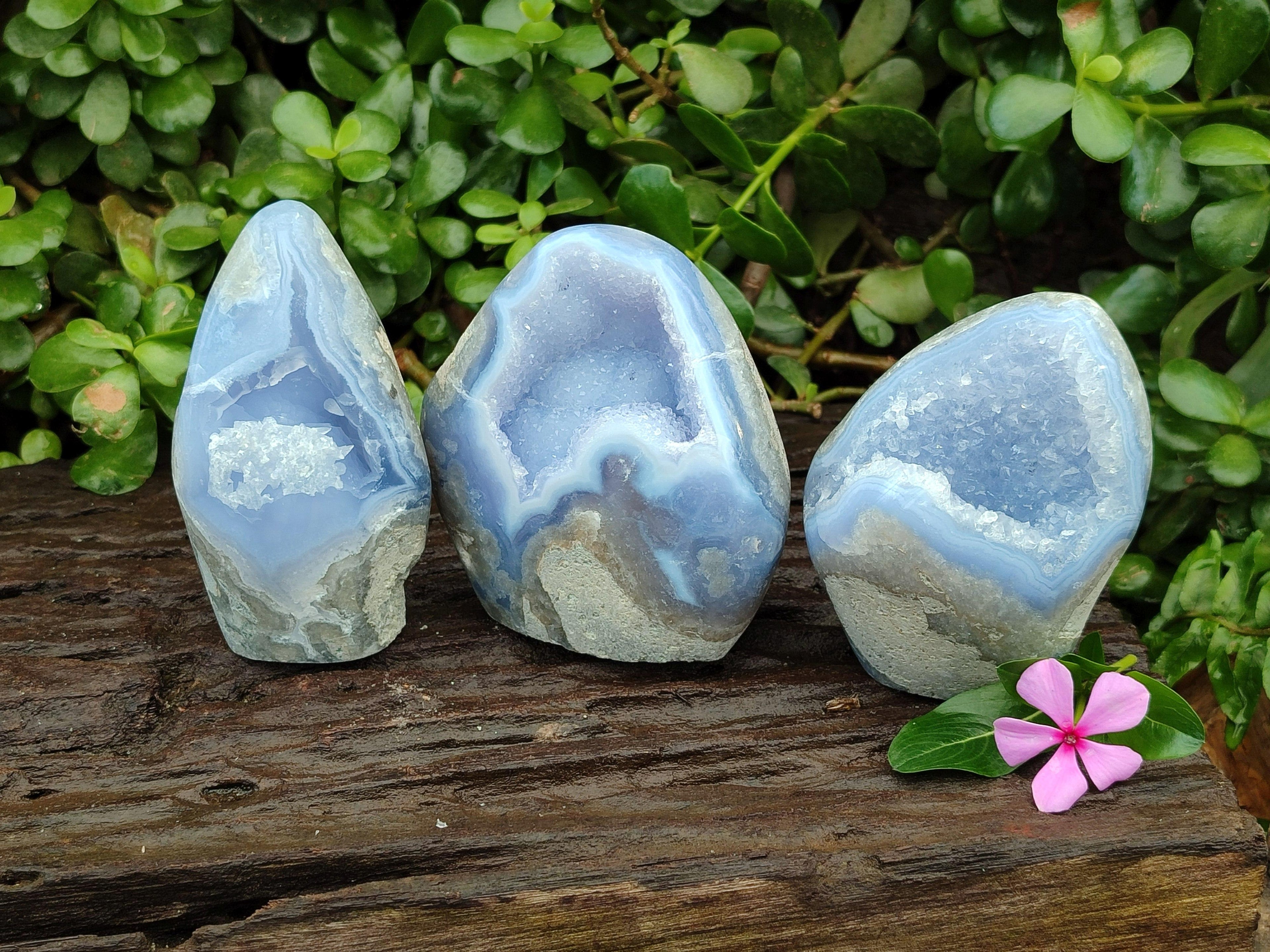 Polished Blue Lace Agate Standing Free Forms x 3 From Nsanje, Malawi