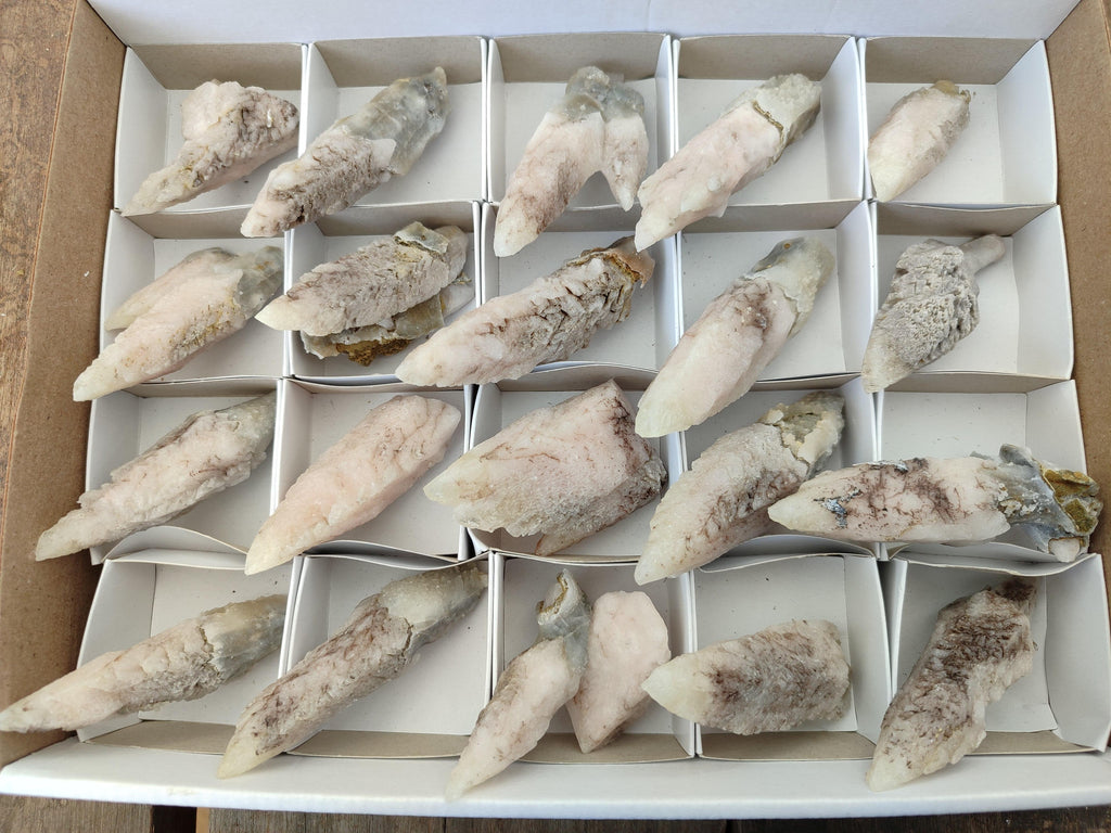 Natural Drusy Quartz Coated Spearhead Calcite Specimens x 20 From Alberts Mountain, Lesotho - Toprock Gemstones and Minerals 