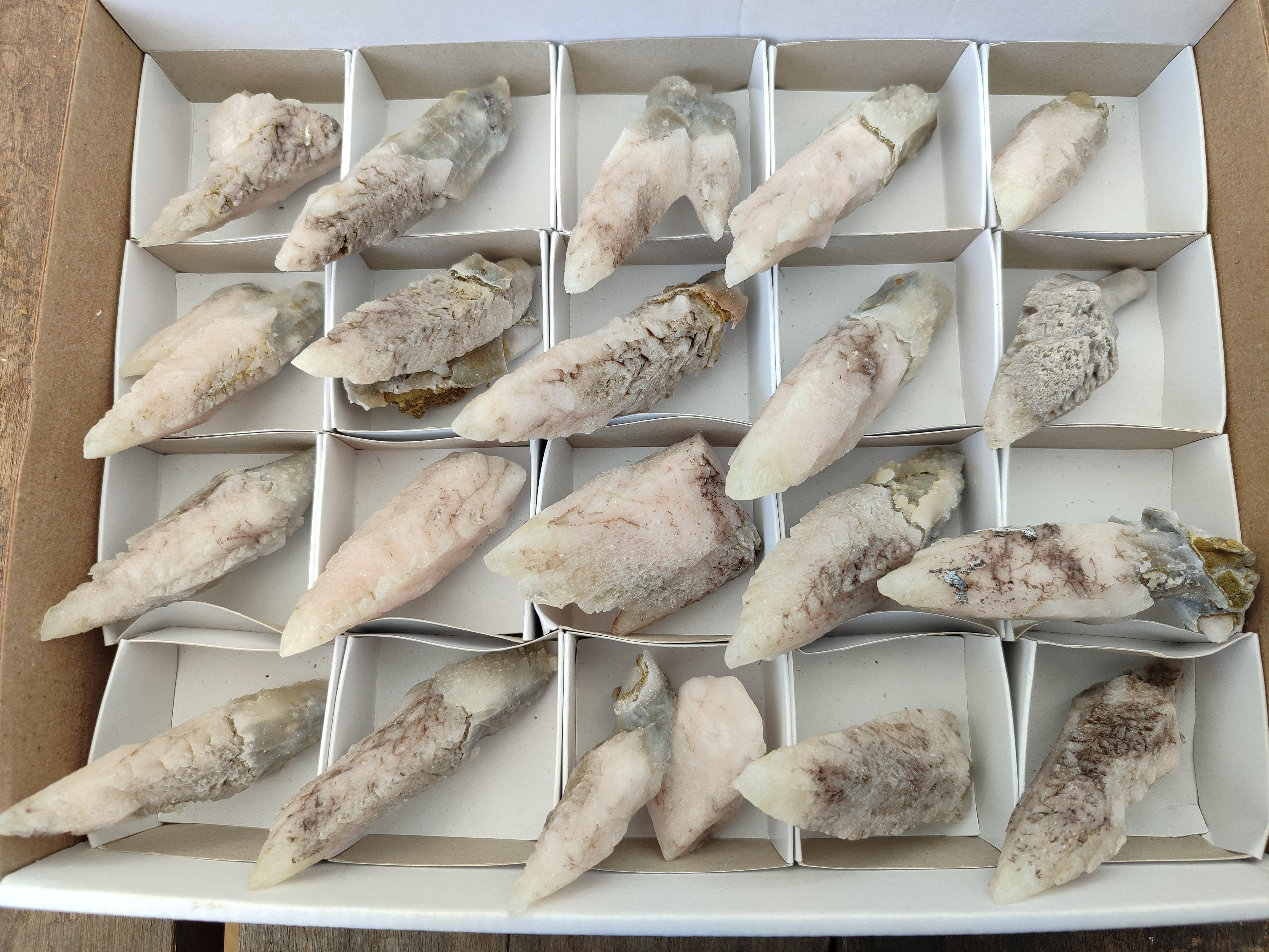 Natural Drusy Quartz Coated Spearhead Calcite Specimens x 20 From Alberts Mountain, Lesotho - Toprock Gemstones and Minerals 