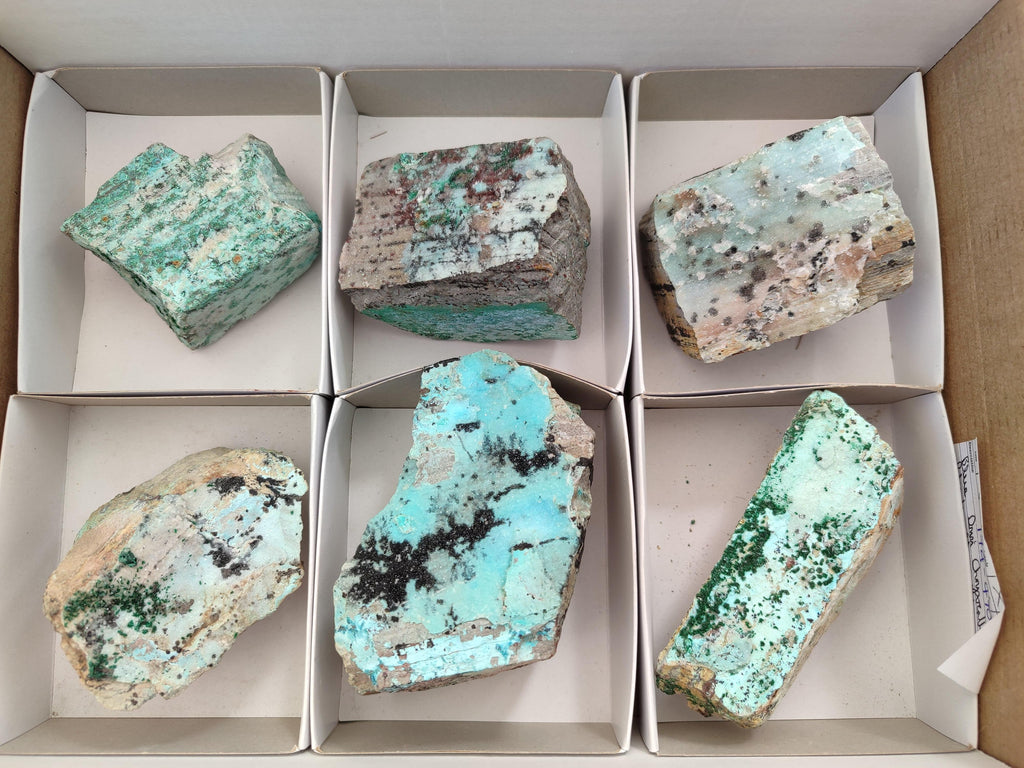 Natural Drusy Coated Chrysocolla On Dolomite With Malachite And Heterogenite Specimens x 6 From Lupoto Mine, Congo