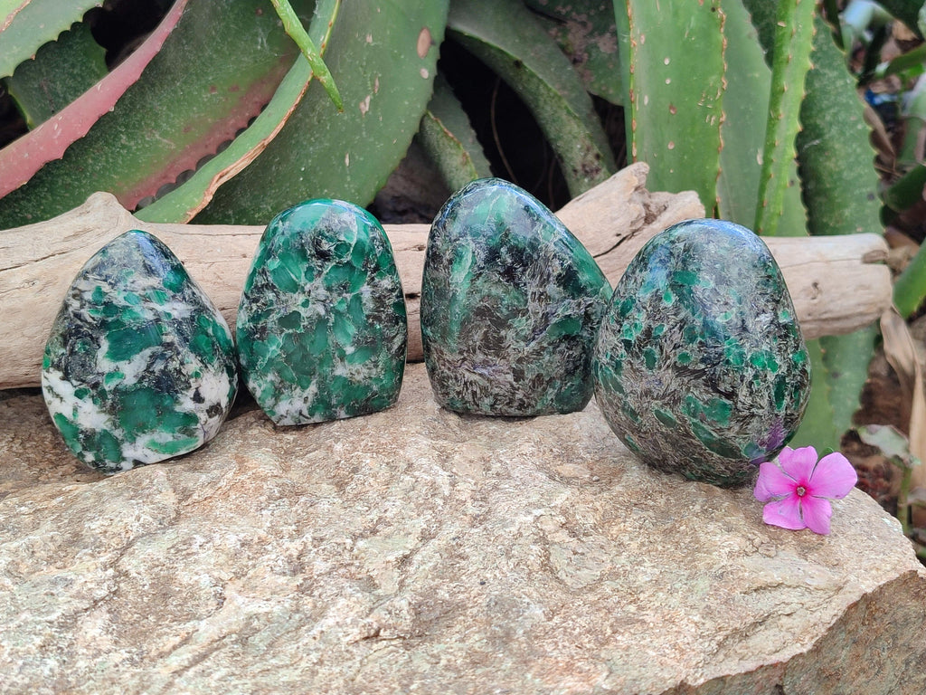 Polished Emerald Mica 'Mutokolite' Standing Free Forms x 4 From Mutoko, Zimbabwe