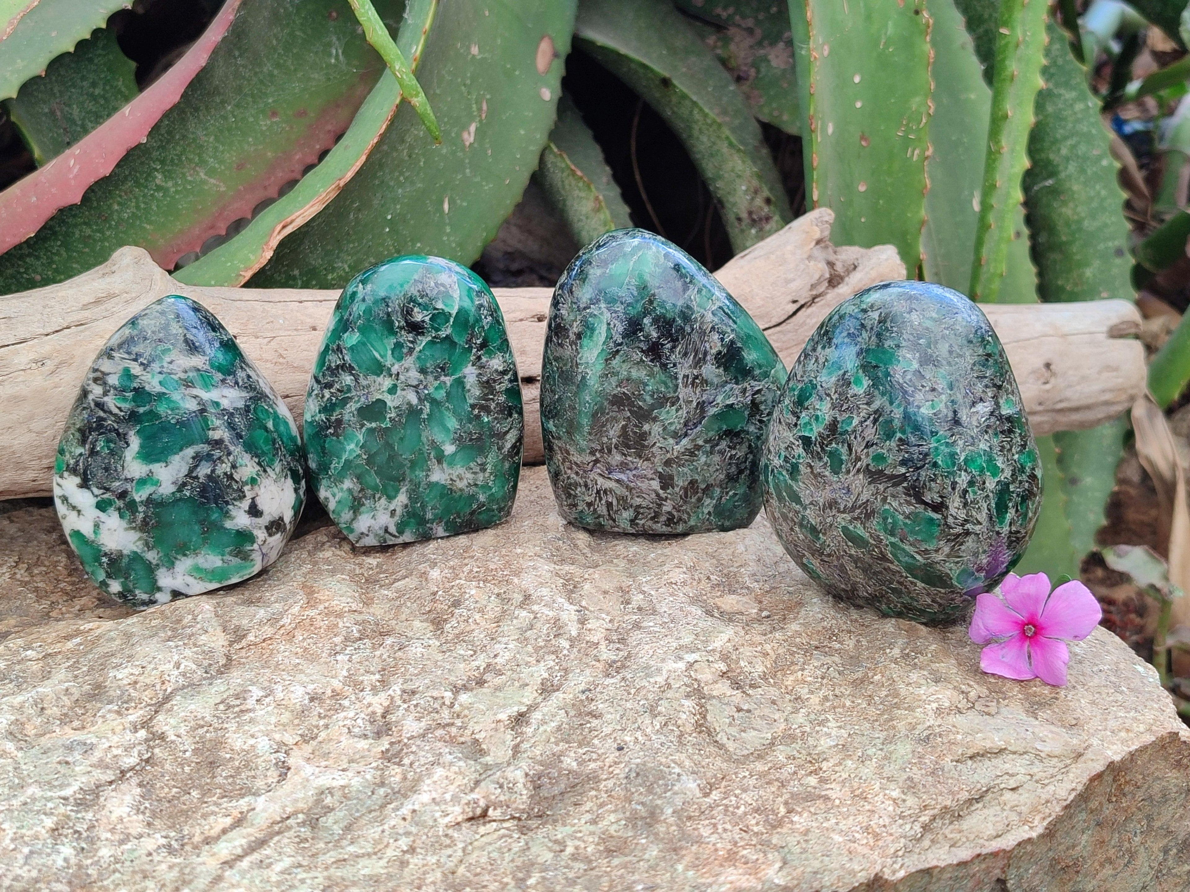 Polished Emerald Mica 'Mutokolite' Standing Free Forms x 4 From Mutoko, Zimbabwe