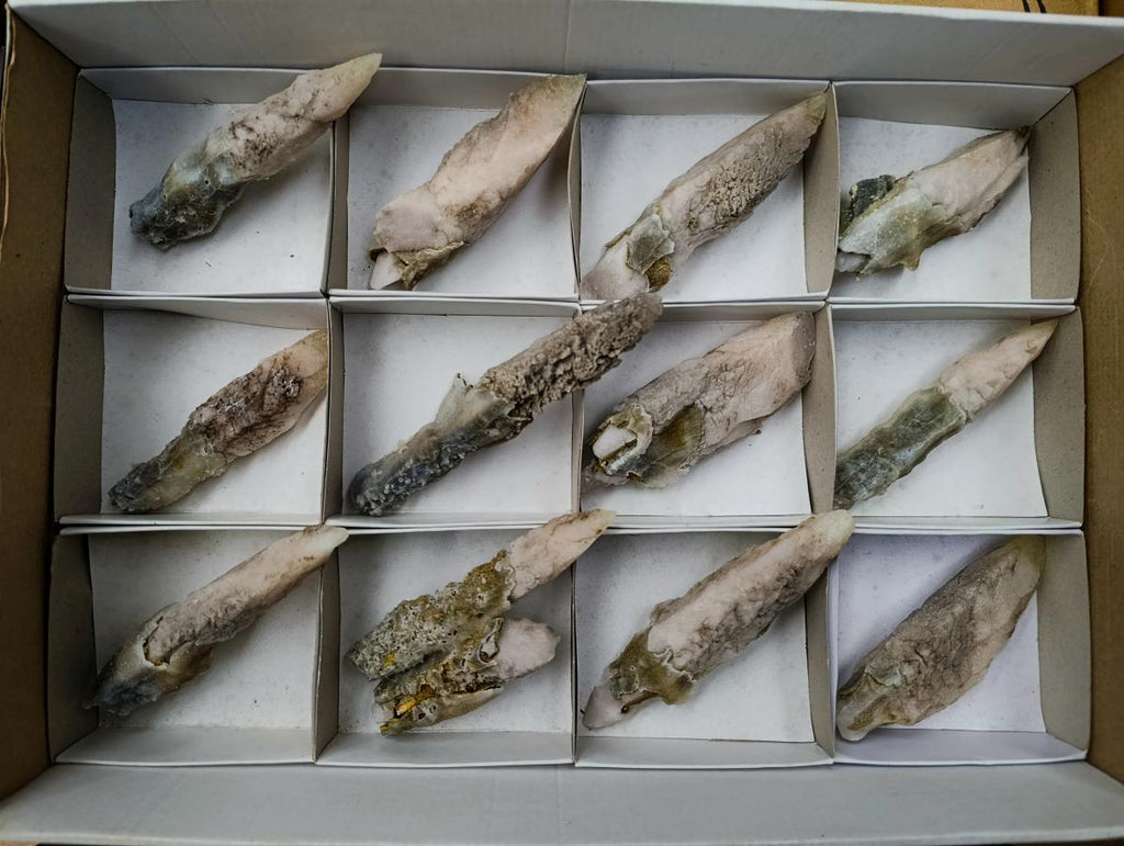 Natural Drusy Quartz Coated Calcite Spearhead Crystals x 12 From Alberts Mountain, Lesotho