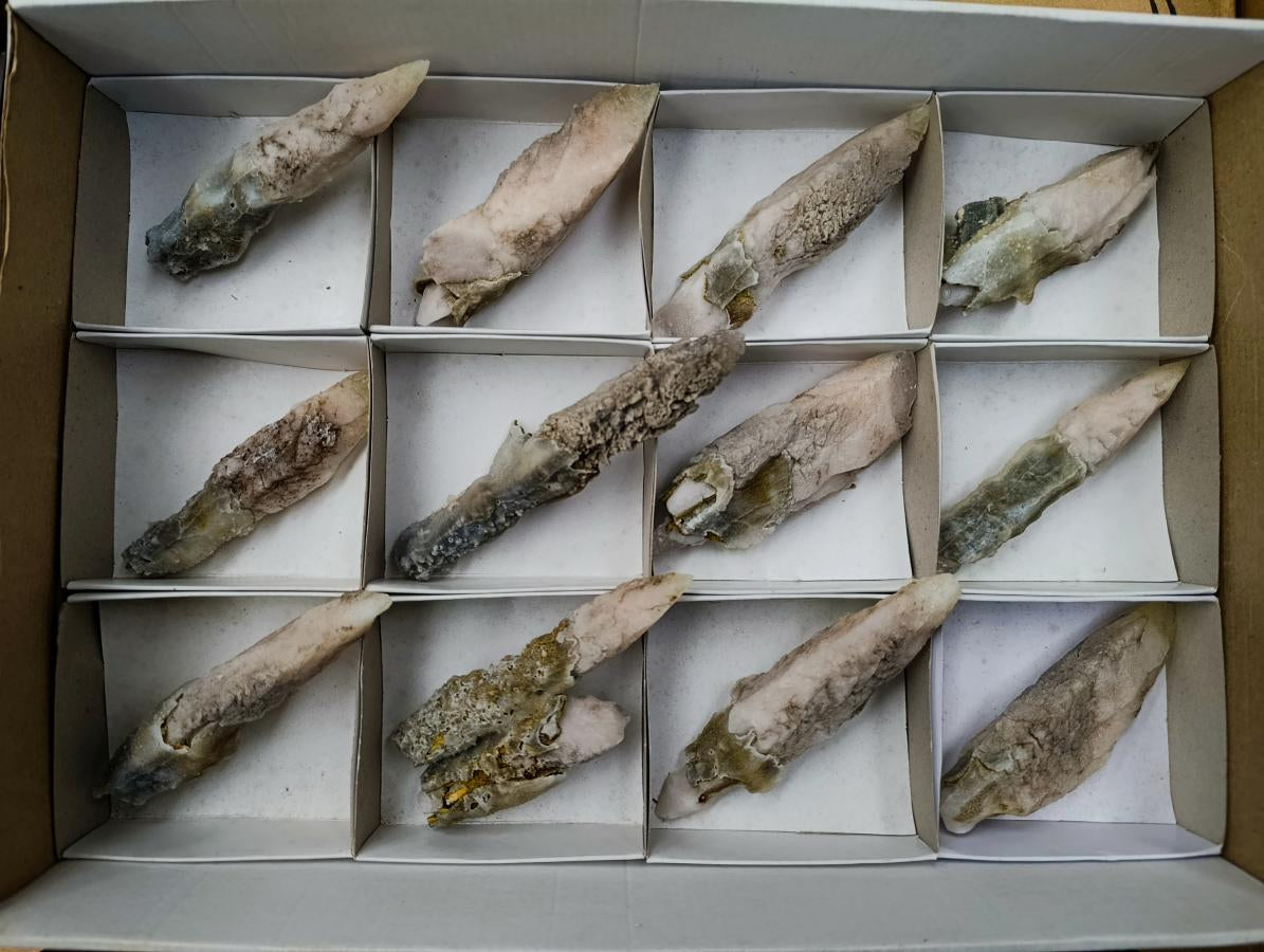 Natural Drusy Quartz Coated Calcite Spearhead Crystals x 12 From Alberts Mountain, Lesotho