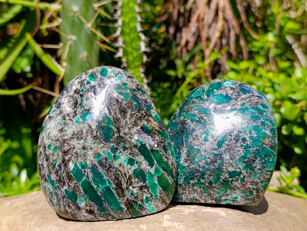 Polished Emerald Mica 'Mutokolite' Standing Free Forms x 3 From Mutoko, Zimbabwe