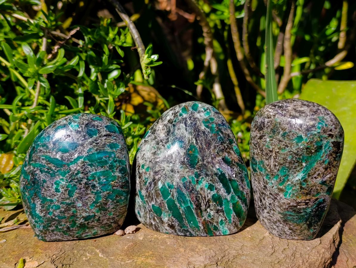 Polished Emerald Mica 'Mutokolite' Standing Free Forms x 3 From Mutoko, Zimbabwe